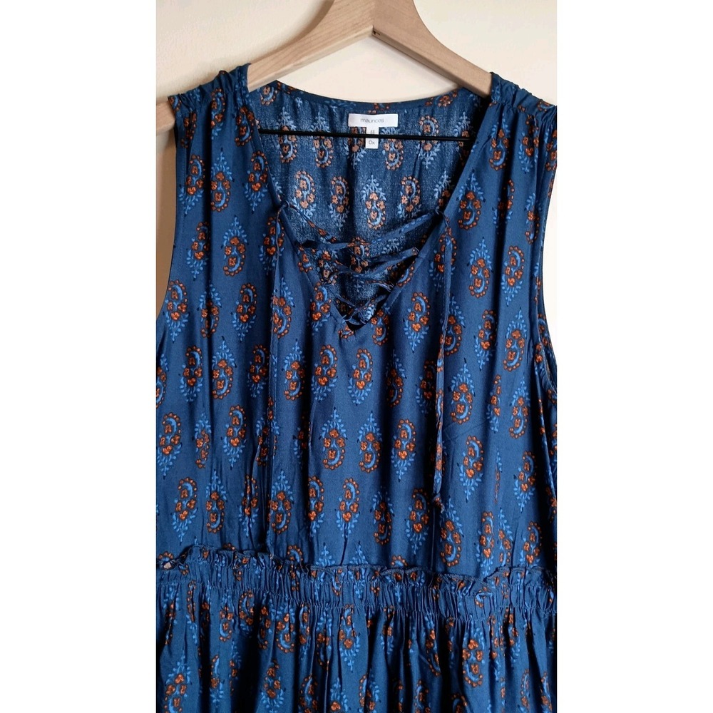 Maurices NWOT 0X 14W Boho Lace-Up Peplum Tank Top Folk Border Print Blue - Picture 2 of 11